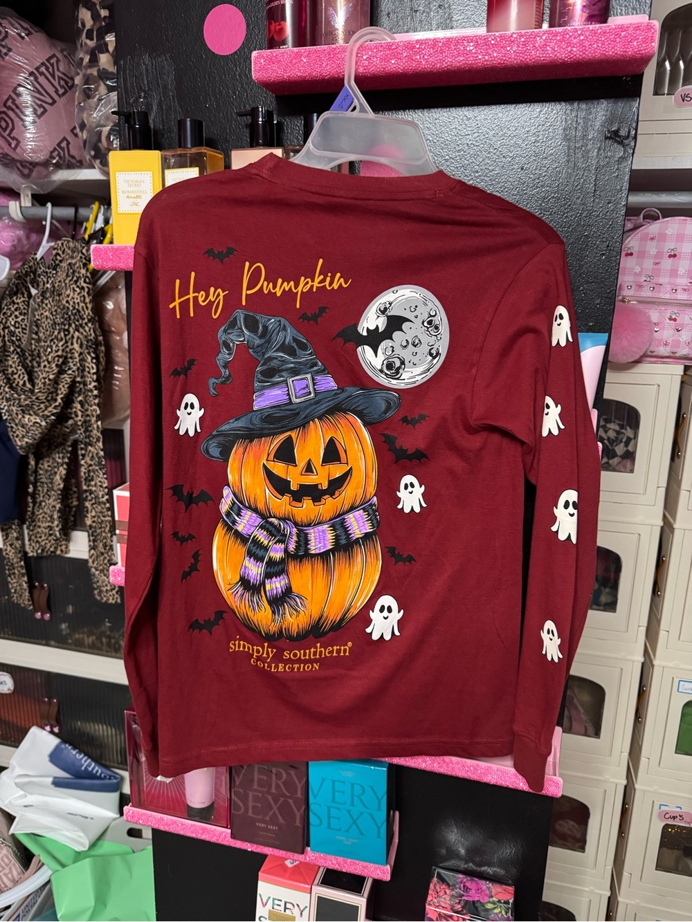Simply Southern Maroon Long Sleeve Halloween Pumpkin Tee - Picture 1 of 2